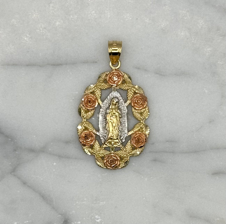 10K GOLD VIRGIN MARY WITH ROSES PENDANT