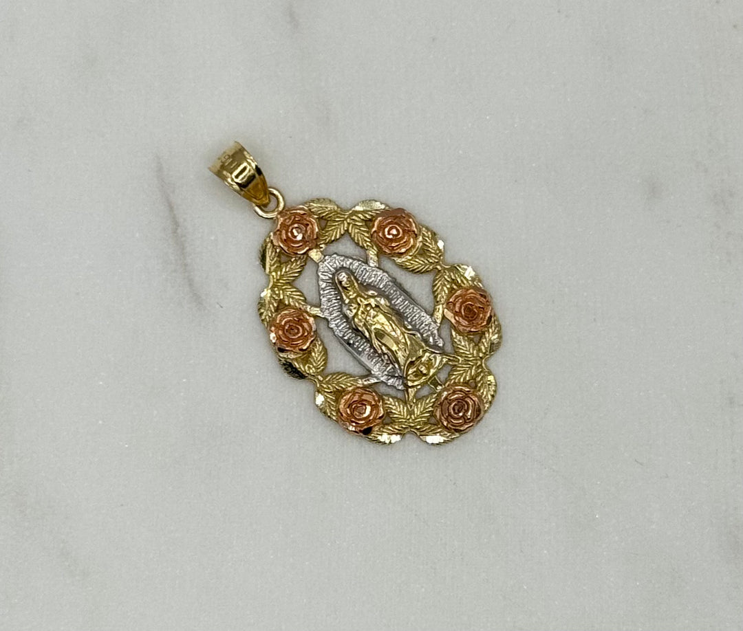 10K GOLD VIRGIN MARY WITH ROSES PENDANT