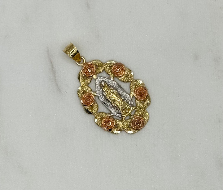 10K GOLD VIRGIN MARY WITH ROSES PENDANT