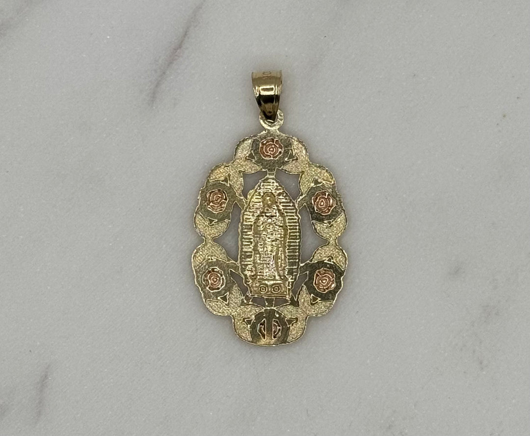 10K GOLD VIRGIN MARY WITH ROSES PENDANT