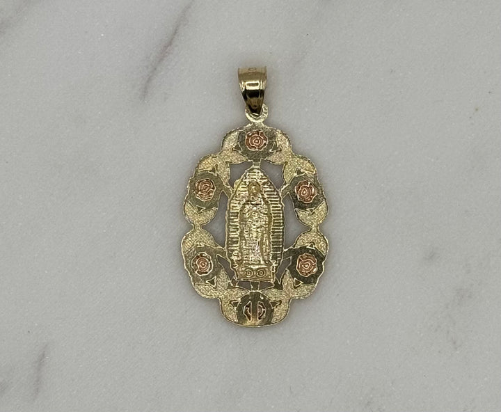 10K GOLD VIRGIN MARY WITH ROSES PENDANT
