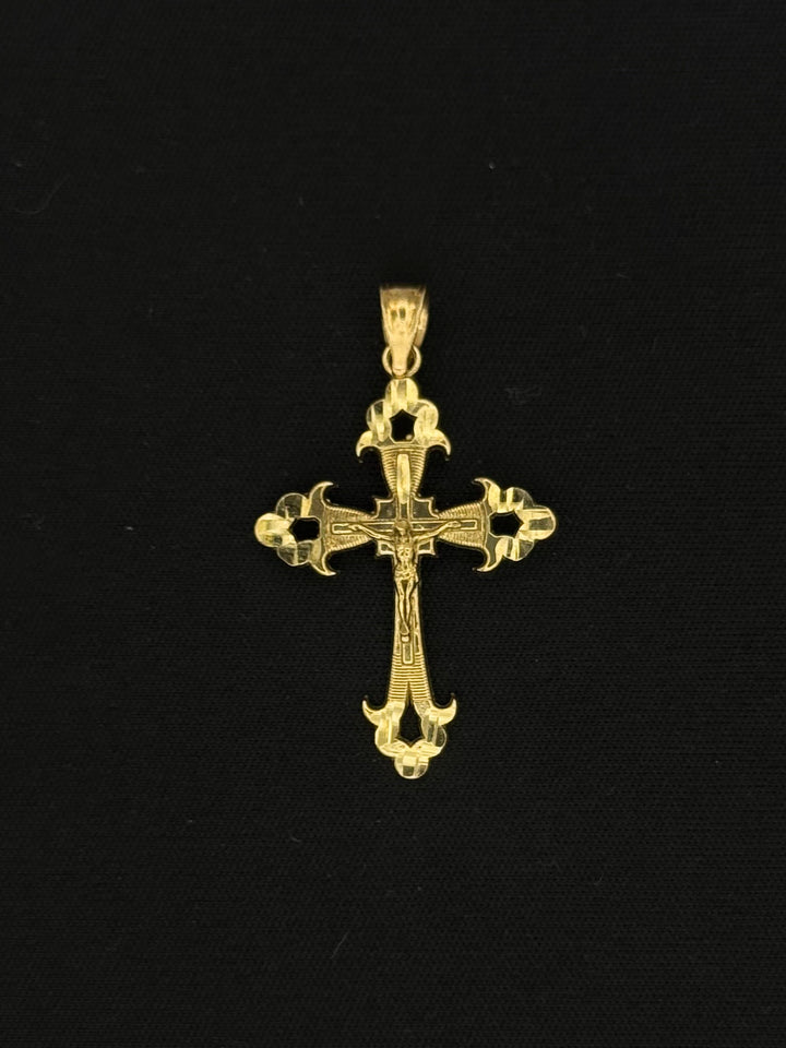 10K GOLD NUGGET CUT FANCY 3D CROSS PENDANT