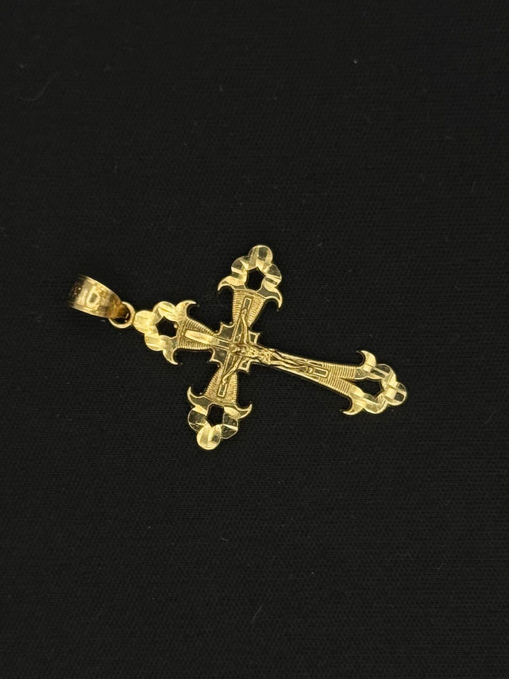 10K GOLD NUGGET CUT FANCY 3D CROSS PENDANT