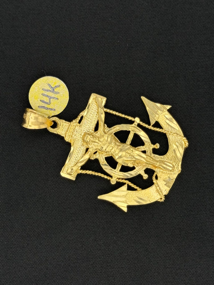 14K GOLD DIA CUT MARINER’S ANCHOR WITH JESUS 3D PENDANT