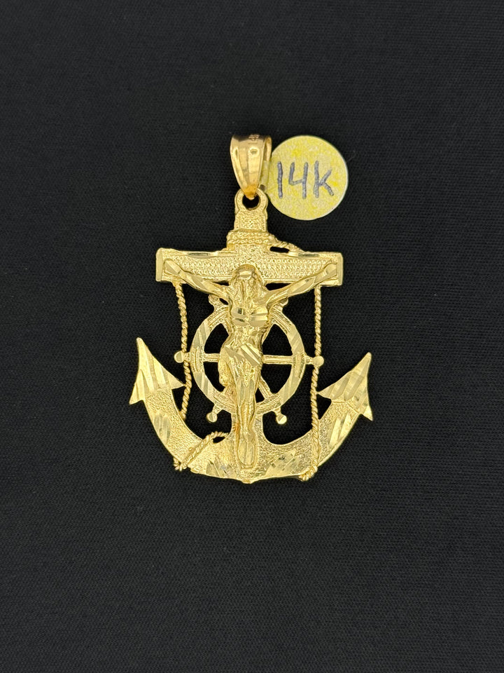 14K GOLD DIA CUT MARINER’S ANCHOR WITH JESUS 3D PENDANT