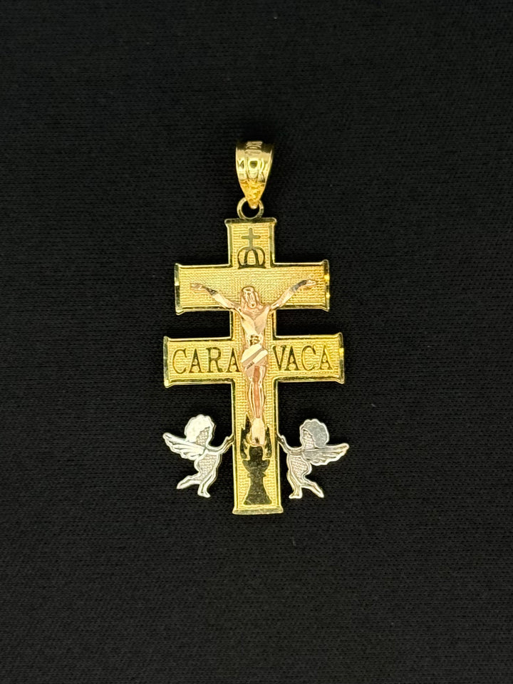 10K TRI GOLD 3D CARAVACA WITH JESUS PENDANT