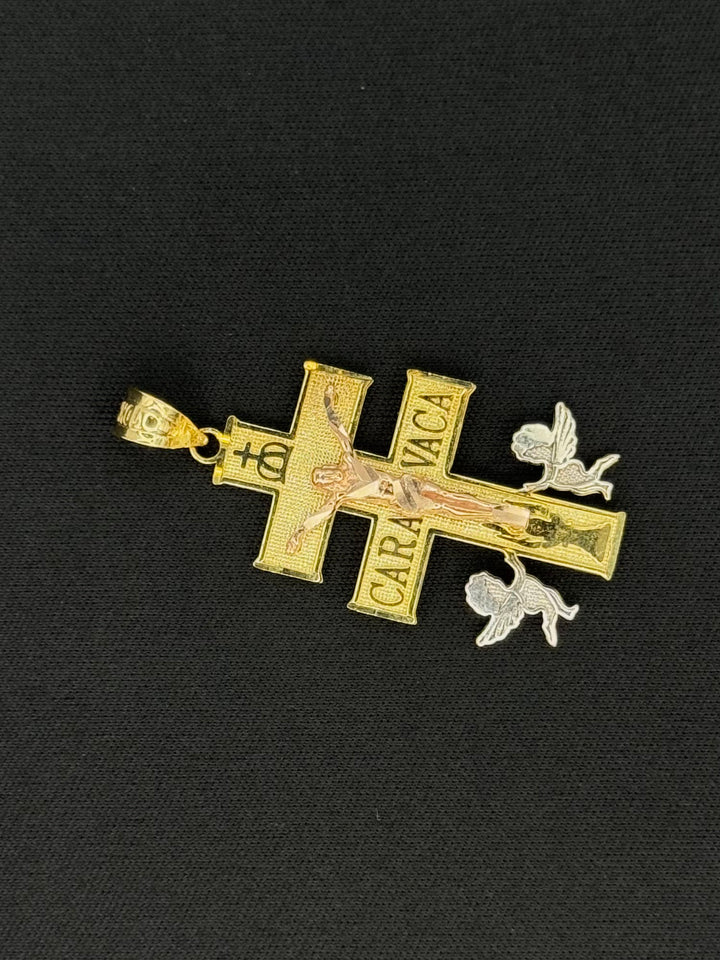 10K TRI GOLD 3D CARAVACA WITH JESUS PENDANT