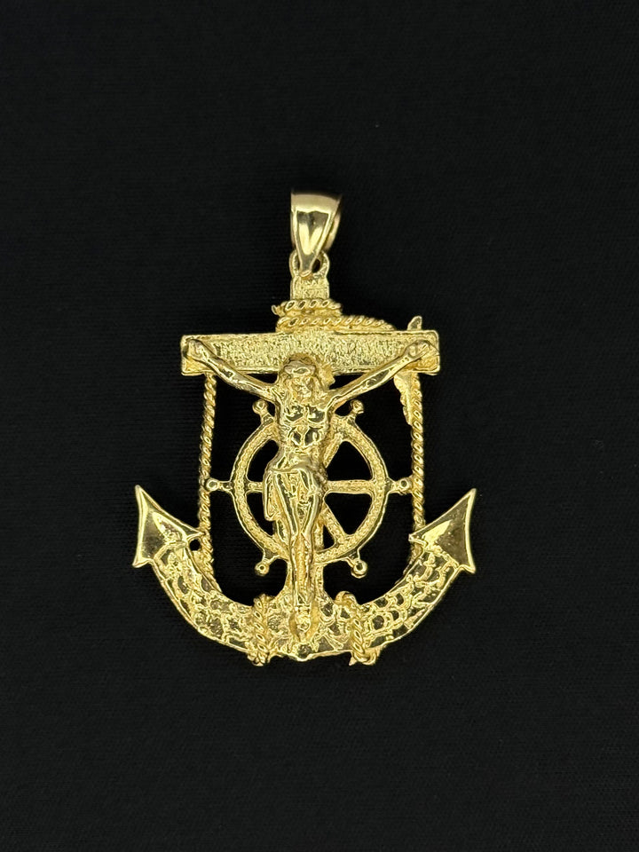10K GOLD 3D NUGGET CUT MARINER’S ANCHOR PENDANT WITH JESUS IN IT