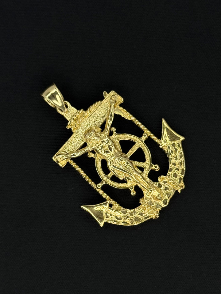 10K GOLD 3D NUGGET CUT MARINER’S ANCHOR PENDANT WITH JESUS IN IT