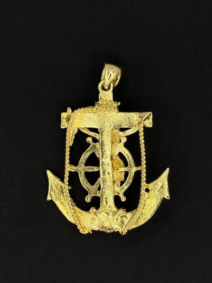 10K GOLD 3D NUGGET CUT MARINER’S ANCHOR PENDANT WITH JESUS IN IT