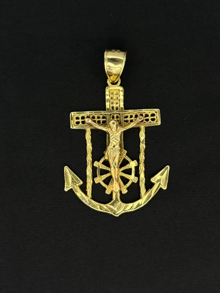 10K GOLD 3D FANCY MARINER’S ANCHOR JESUS ON IT PENDANT