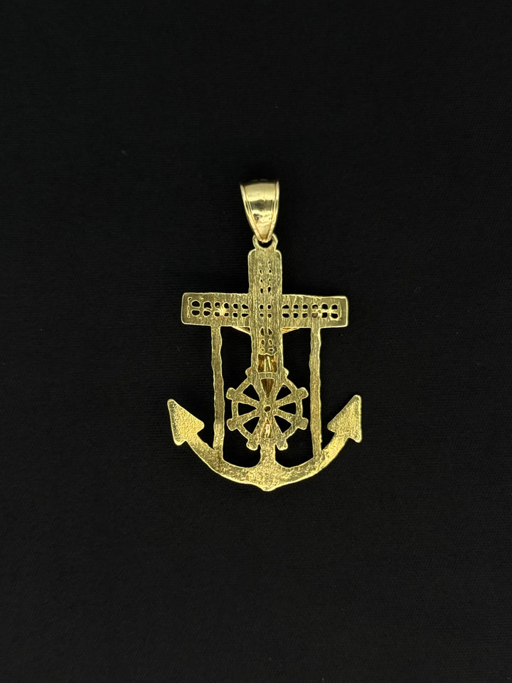 10K GOLD 3D FANCY MARINER’S ANCHOR JESUS ON IT PENDANT