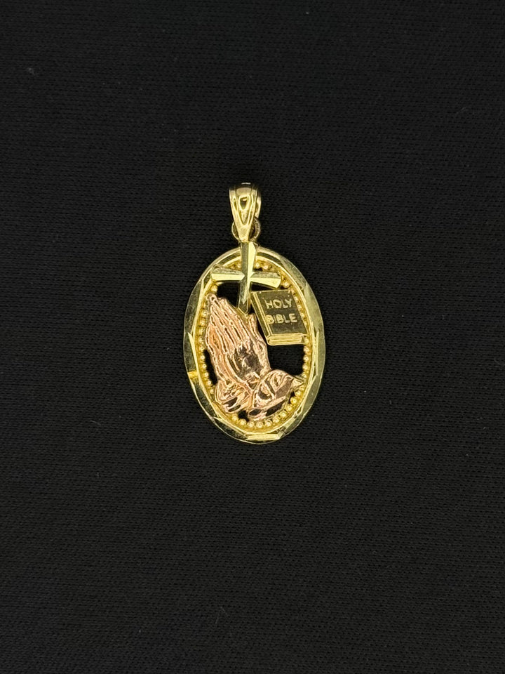 10K GOLD TWO TONE PRAYING HANDS WITH CROSS AND BIBLE PENDANT