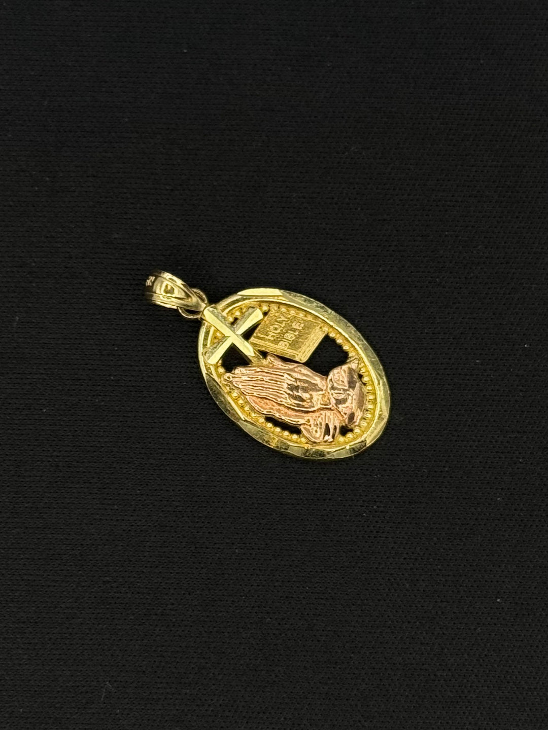 10K GOLD TWO TONE PRAYING HANDS WITH CROSS AND BIBLE PENDANT