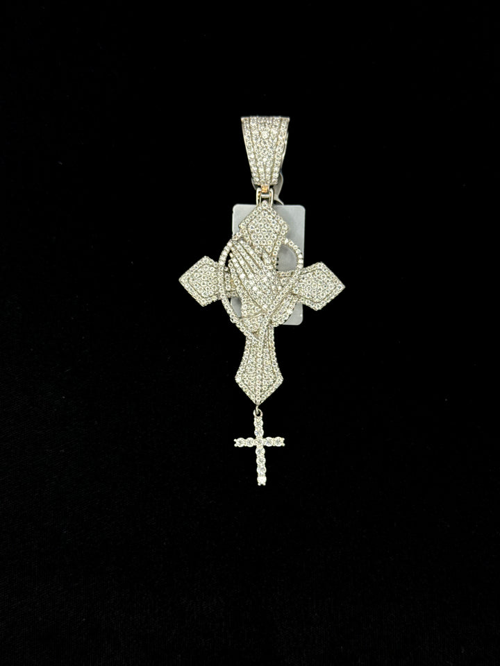 925 SILVER MOISSANITE CROSS PENDANT WITH PRAYING HANDS