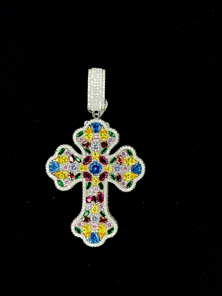 925 SILVER MOISSANITE CROSS ASSORTED COLUR STONES PENDANT