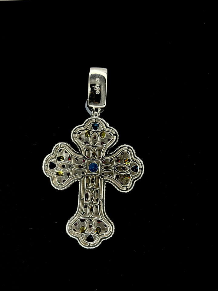 925 SILVER MOISSANITE CROSS ASSORTED COLUR STONES PENDANT