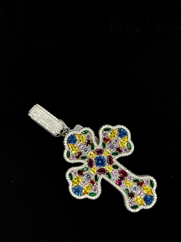 925 SILVER MOISSANITE CROSS ASSORTED COLUR STONES PENDANT