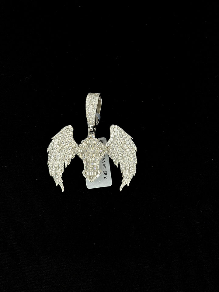 925 SILVER MOISSANITE BAGUETTE CROSS WITH WINGS PENDANT