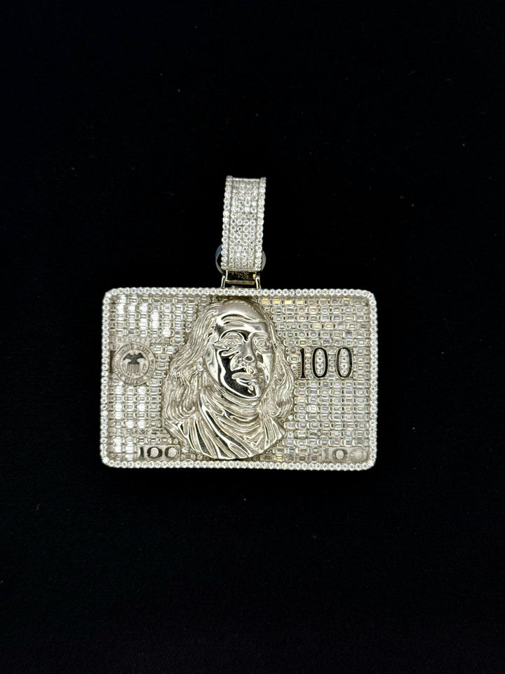 925 SILVER MOISSANITE BAGUETTE 3D 100$ BILL PENDANT