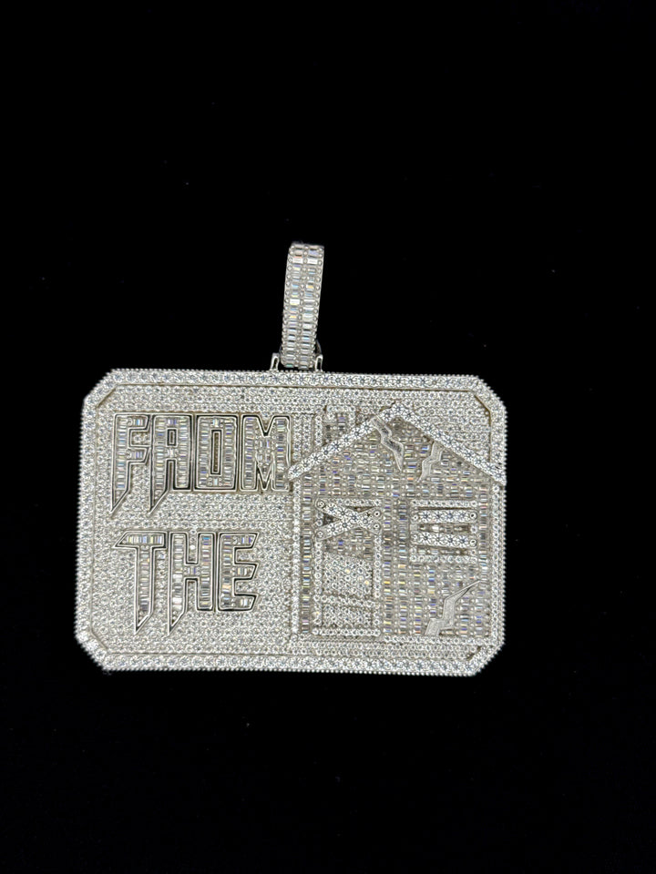 925 SILVER MOISSANITE BAGUETTE "FROM THE TRAP" PLAQUE PENDANT