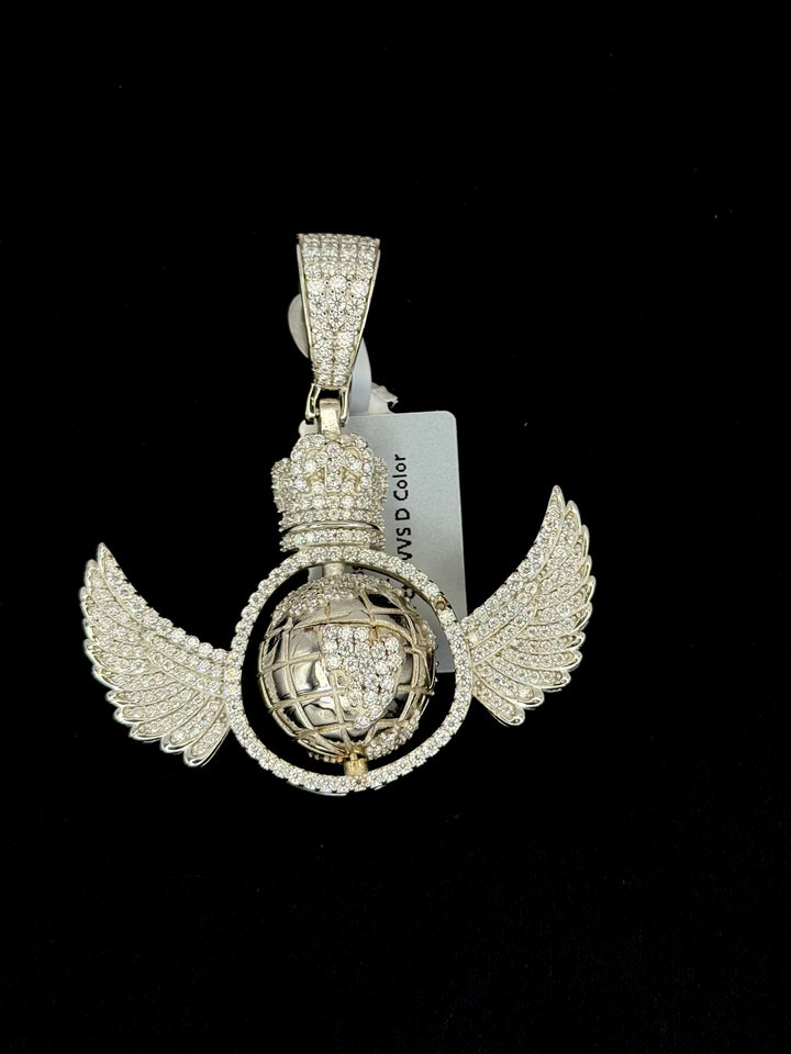 925 SILVER MOISSANITE WORLD MAP GLOBE CROWN PENDANT ANGEL WINGS PENDANT