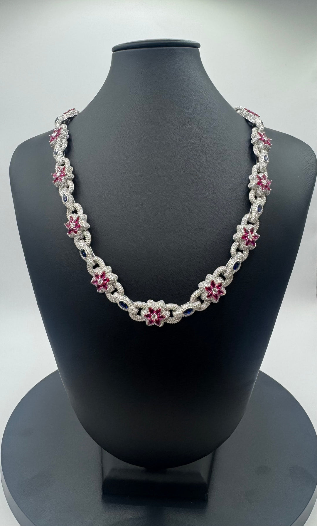 925 SILVER MOISSANITE MULTI COLOR ICED OUT RUBY AND SAPPHIRE NECKLACE