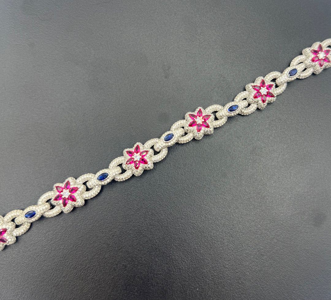 925 SILVER MOISSANITE MULTI COLOR ICED OUT RUBY AND SAPPHIRE NECKLACE