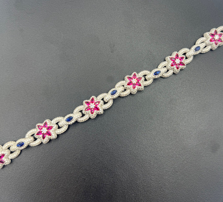 925 SILVER MOISSANITE MULTI COLOR ICED OUT RUBY AND SAPPHIRE NECKLACE