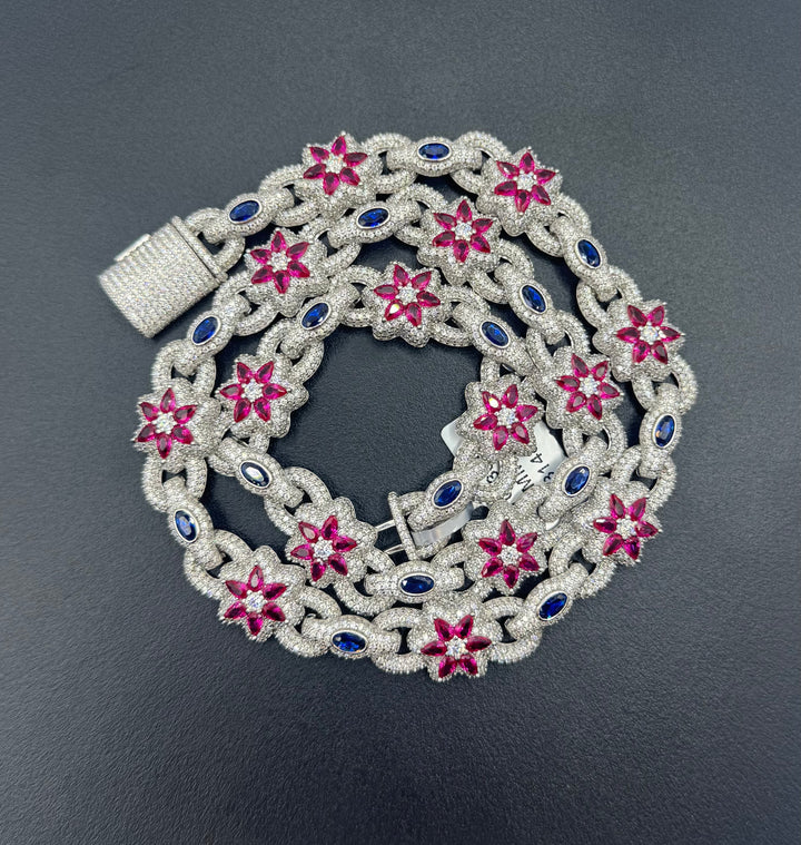 925 SILVER MOISSANITE MULTI COLOR ICED OUT RUBY AND SAPPHIRE NECKLACE
