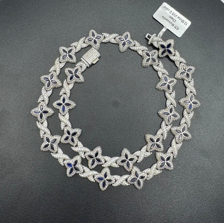 925 SILVER MOISSANITE SINGLE TONE BLUE CLOVER NECKLACE