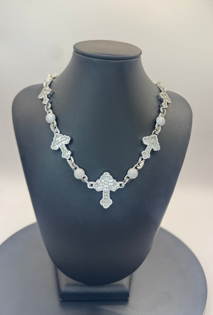 925 SILVER MOISSANITE ICE BALL WITH CROSS NECKLACE