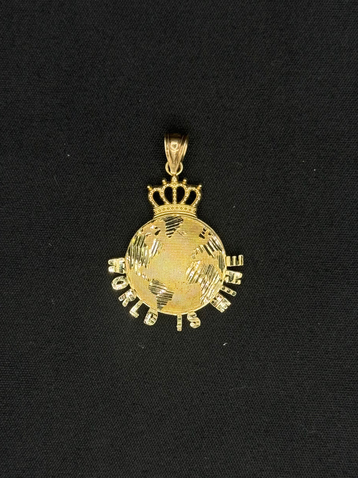 10K GOLD WORLD IS MINE GLOBE WITH A CROWN ON TOP PENDANT