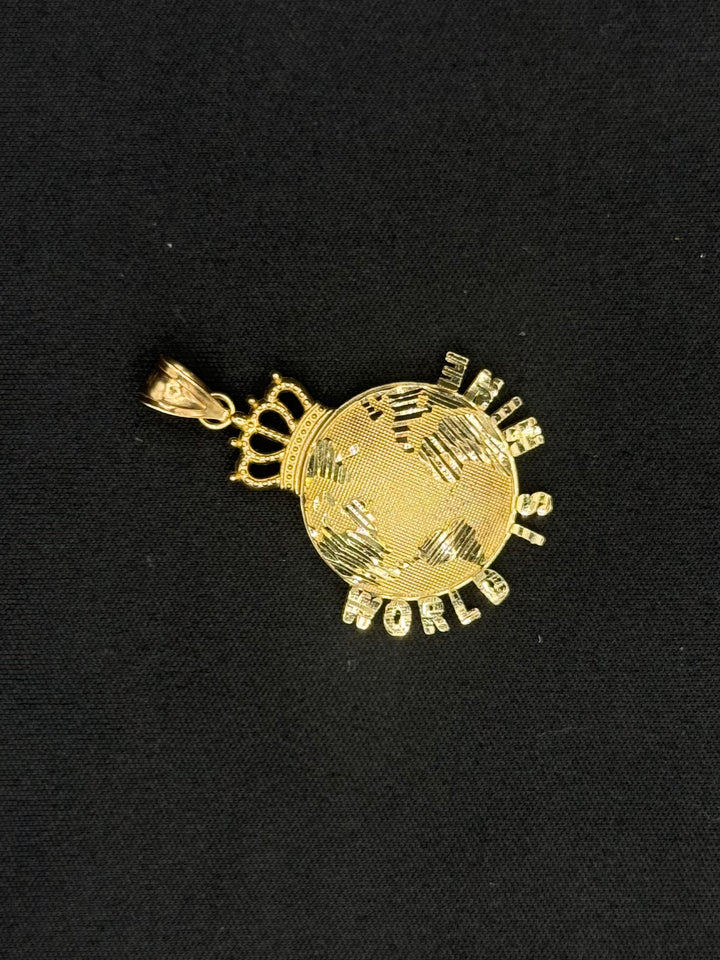 10K GOLD WORLD IS MINE GLOBE WITH A CROWN ON TOP PENDANT