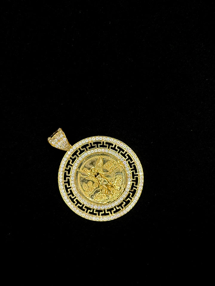 10K GOLD 50 PESOS WITH GREEK DESIGN AND CZ BAIL PENDANT
