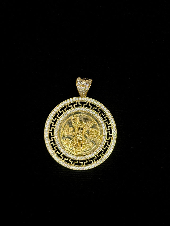 10K GOLD 50 PESOS WITH GREEK DESIGN AND CZ BAIL PENDANT
