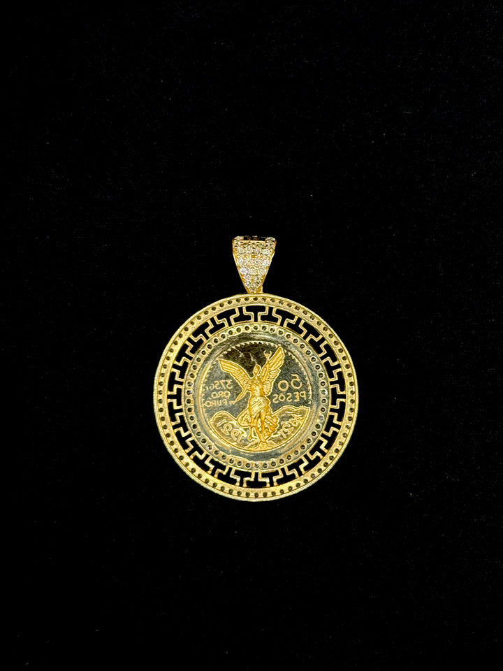 10K GOLD 50 PESOS WITH GREEK DESIGN AND CZ BAIL PENDANT