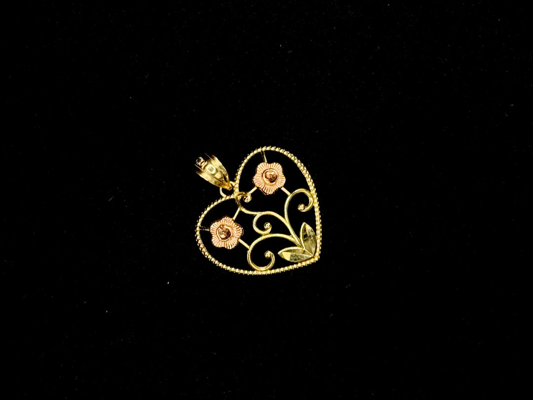 10K GOLD TWO TONE GOLD HEART WITH FLOWER PENDANT