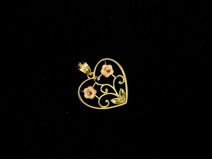 10K GOLD TWO TONE GOLD HEART WITH FLOWER PENDANT