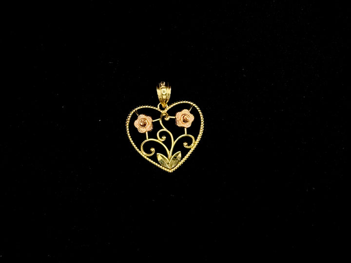10K GOLD TWO TONE GOLD HEART WITH FLOWER PENDANT