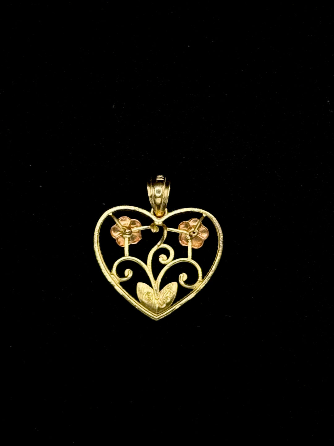 10K GOLD TWO TONE GOLD HEART WITH FLOWER PENDANT