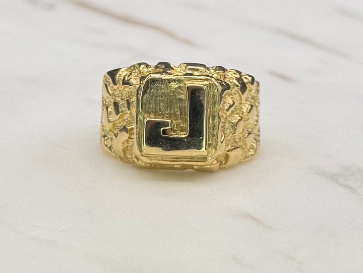 14K J INITIAL MENS NUGGET RING