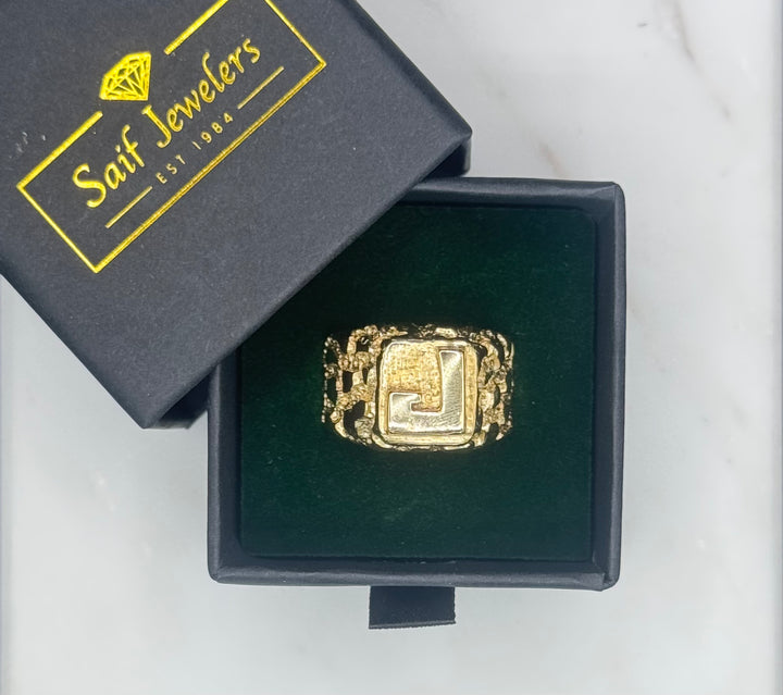14K J INITIAL MENS NUGGET RING