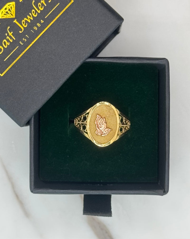 10K GOLD TWO TONE PRAYING HANDS FANCY DESING RING