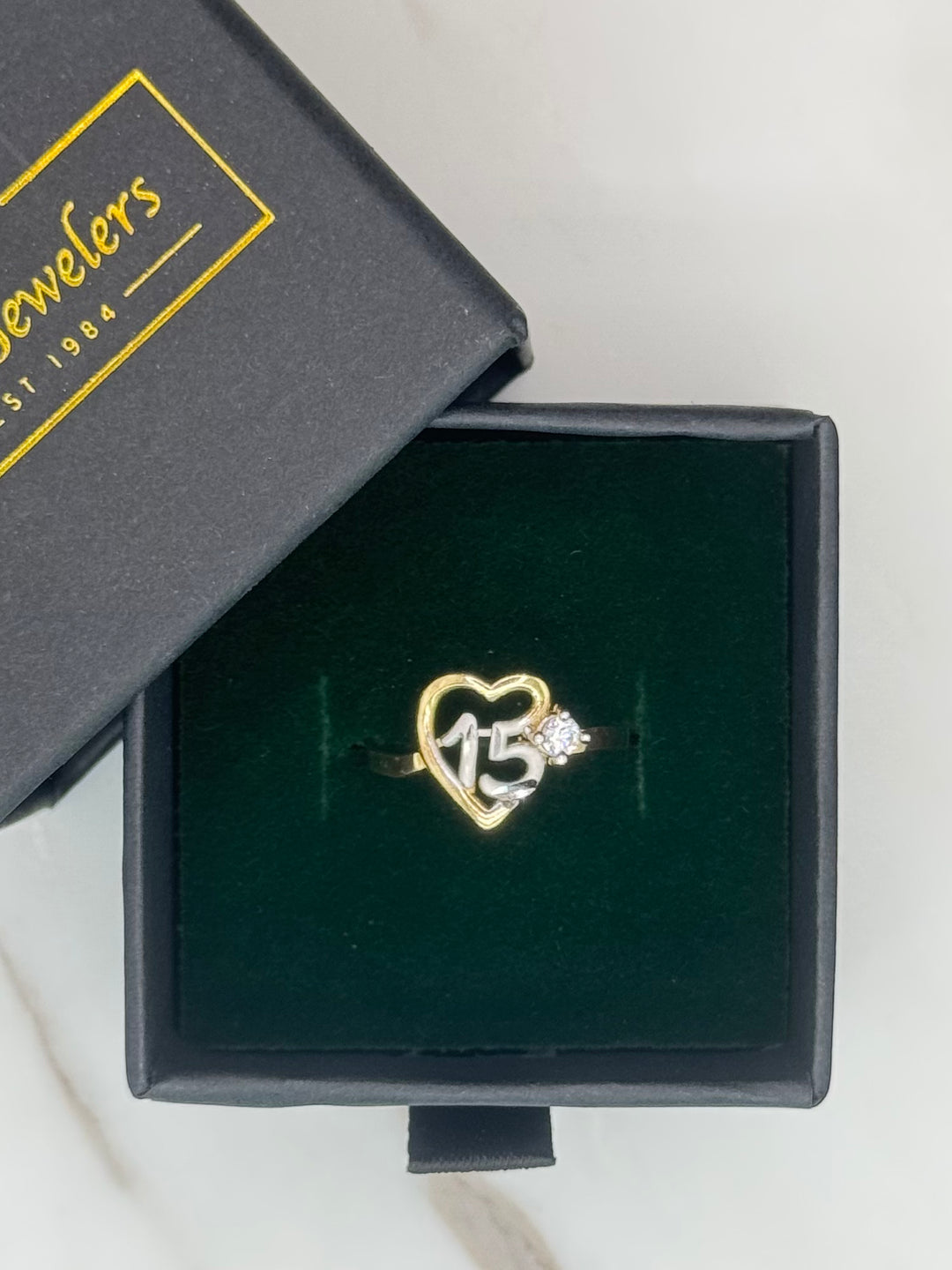 10K GOLD TWO TONE QUINCEANERA WITH HEART DESING RING