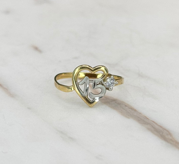 10K GOLD TWO TONE QUINCEANERA WITH HEART DESING RING