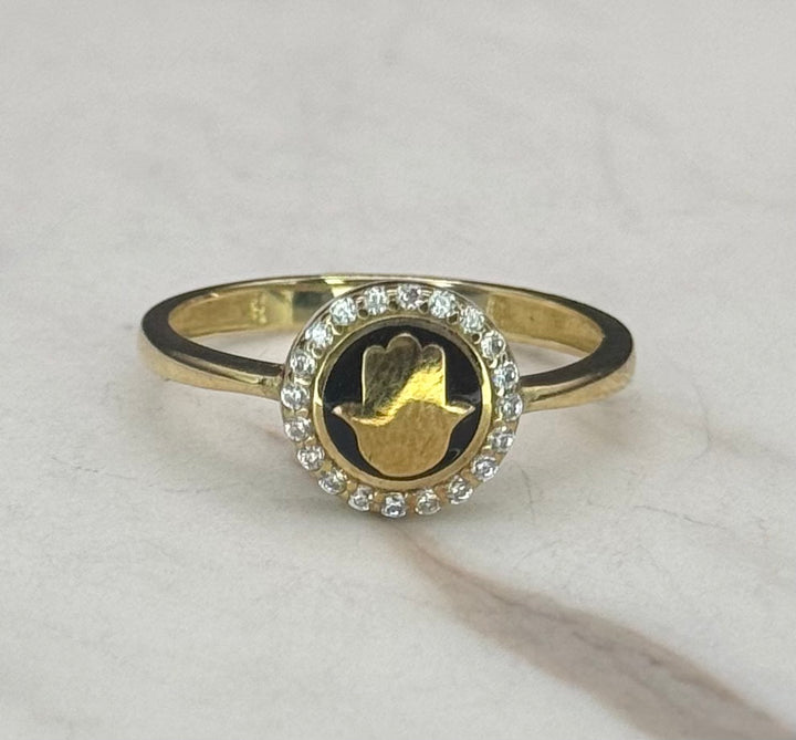 10K GOLD HAMSA HAND CZ RING