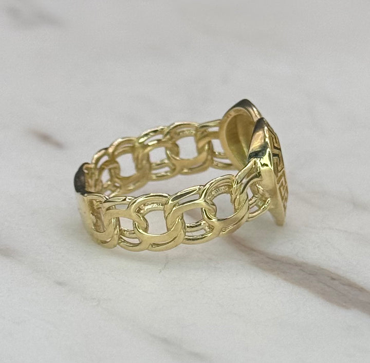 10K GOLD GREEK PRINT HEART SHAPE WITH CHINO LINK BAND RING