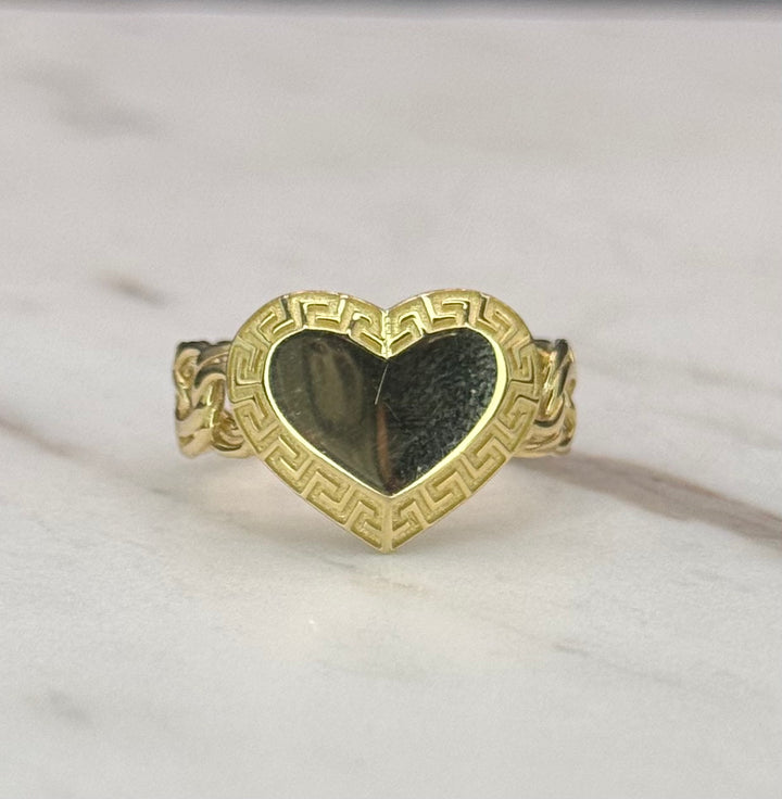 10K GOLD GREEK PRINT HEART SHAPE WITH CHINO LINK BAND RING