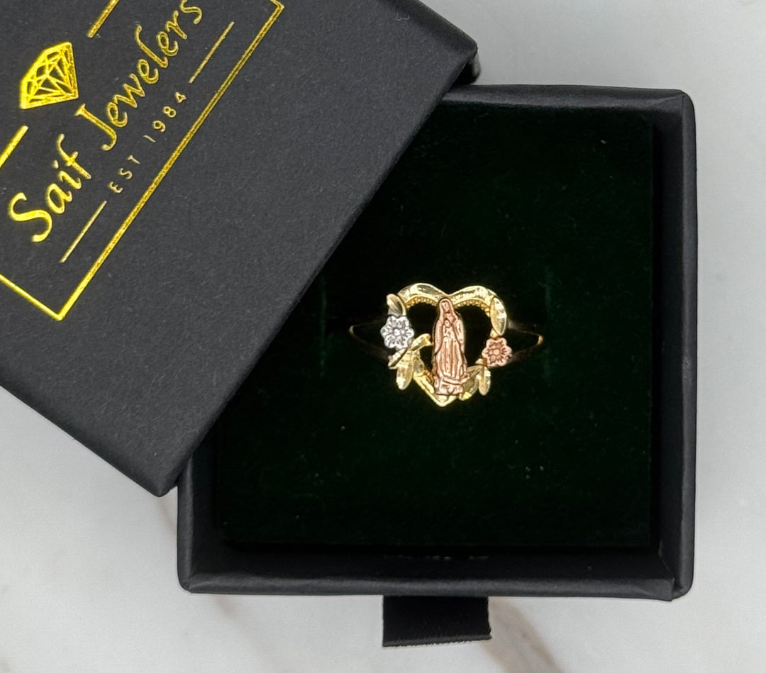 10K TRI TONE GOLD VIRGIN MARY HEART RING